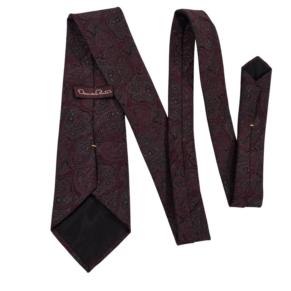 Oscar‎ de la Renta Mens Paisley Silk Tie Burgundy Navy Teal Classic Wide Necktie
